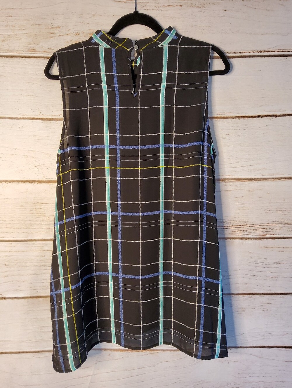 Apt. 9 Black Plaid Sleeveless Mock Neck Top with Blue and Teal Stripes - Picture 2 of 8